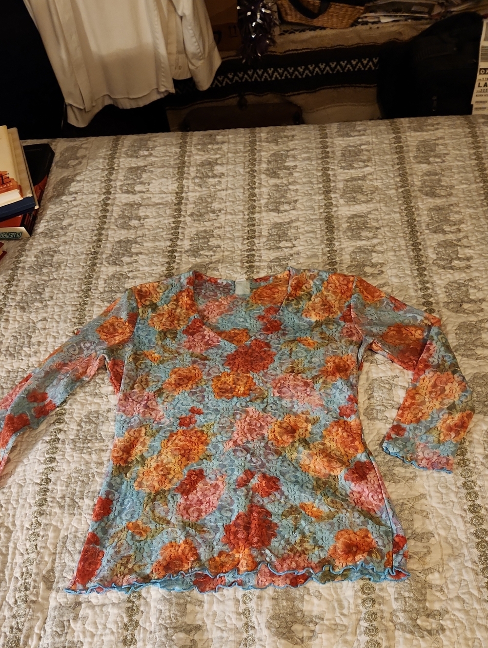 Light Blue Floral Stretch Lace Top